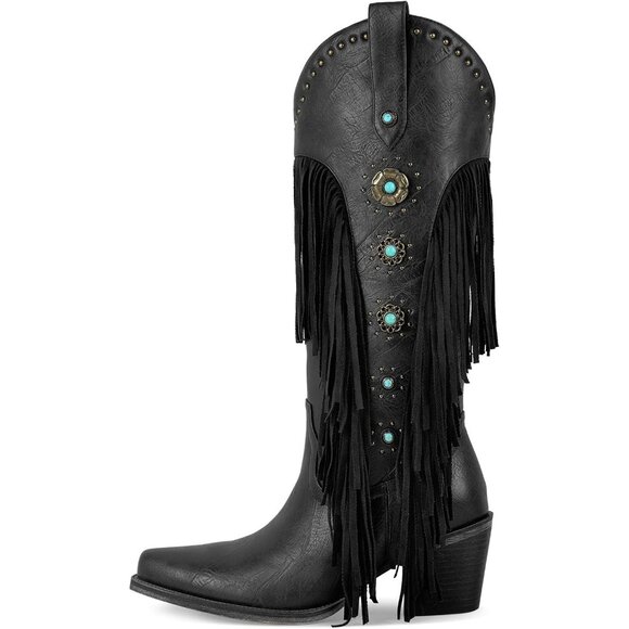 ⚡Women's Black Western Cowgirl Boots Studded Fringed Long Boot Block Heel - Picture 1 of 7